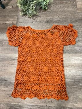 Rust Orange Crochet Floral Vintage 90s Y2k Style Blouse Sz XS Cottagecore Boho